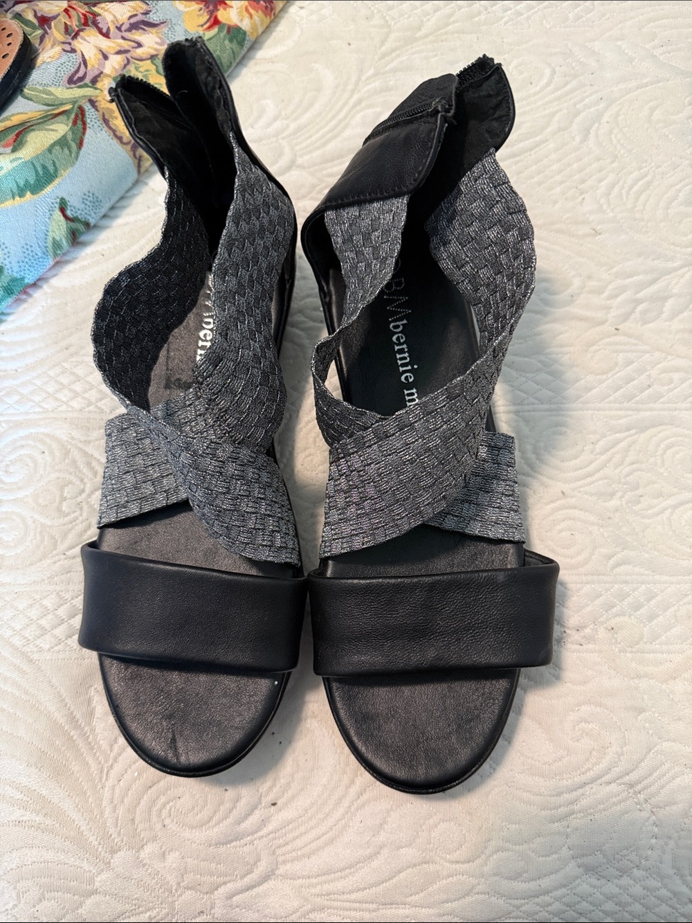 bernie mev. Black and Gray Woven Wrap Sandals